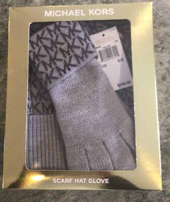 MICHAEL KORS 3-Piece Set Knit Scarf, Hat Glove Heather Gray 