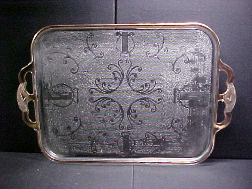 VINTAGE  1950's JEANETTE GLASS SERVING TRAY-RECTANGLE-LYRE & SCROLL PATTERN-USED