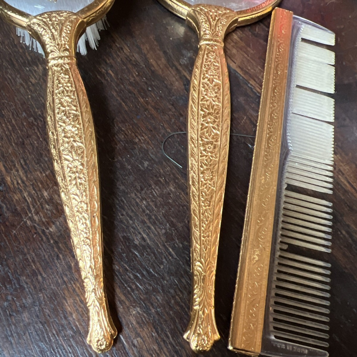Vintage style gold beaded Victorian vanity set mirror, comb, hair pin EUC 1920s Antique 3pc Vanity Set Brassy Gold Shell Style  main image 4