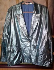 Ces Femme Women Blue Silver Metallic Single Button Blazer Jacket Size Medium