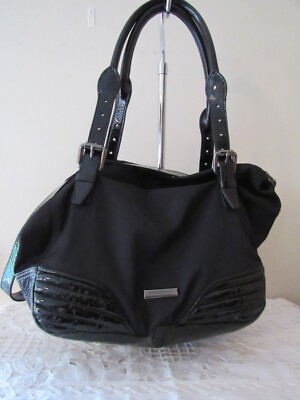 BURBERRY Black Nylon Tote / Shoulder Bag Patent Leather Trim - EUC