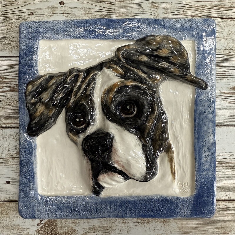 Boxer Dog Ceramic Portrait 3D Tile wall hanging handmade sculpture Alexander Art