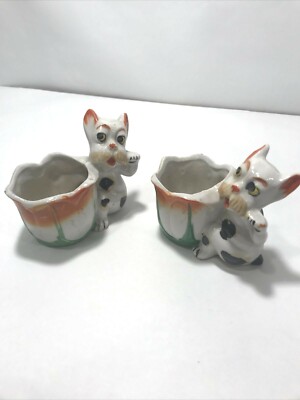 Pair Terrier Planters Spotted Puppies Orange and Green Tulip Vintage