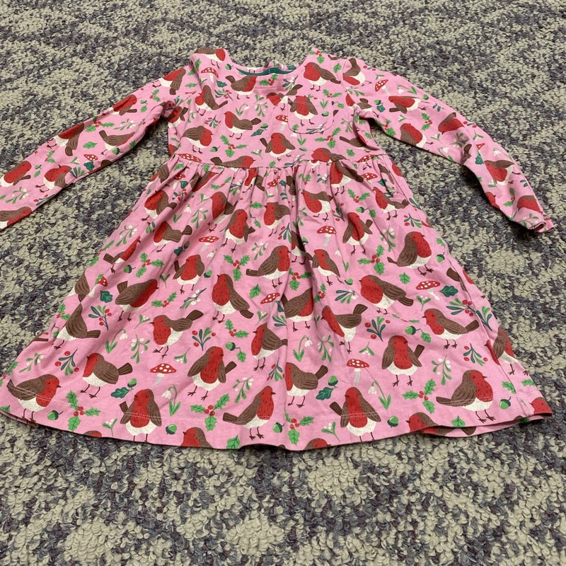 NWOT Mini Boden Long Sleeve Fun Jersey Dress-  Formica Pink Festive Robins