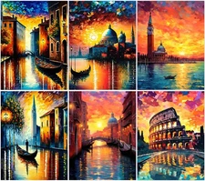 6 Pack Abstract Landscape Paint by Numbers Kit for Adults,Water City Unframed 