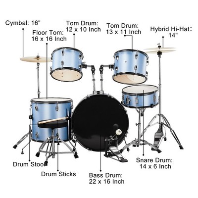 5-Piece Full Size Adult Drum Set, Blue, 22'' Bass Drum, Cymbals, Stool, Hardware