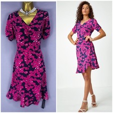 Bnwt Roman navy pink floral short sleeve v-neck knee length tea dress size 10