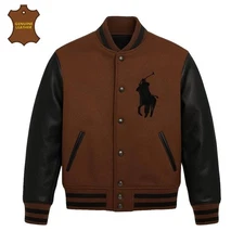 Men’s Polo RL Genuine Wool Leather Varsity Jacket Luxury Streetwear Jacket