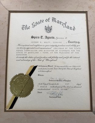 Framed State of Maryland Certificate Jerome B. Wolff Agnew Signed 1967