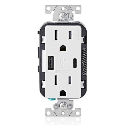 Leviton 15 Amp Type A and C USB Charger Tamper-Resistant Outlet, White T5633-BW