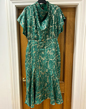 Closet London Green/Gold Abstract Satin Cowl Neck Midi Dress UK 12