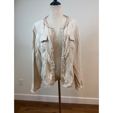 Chico's Linen Open Front Jacket 3 Beige Ruffle Trim Pockets Lagenlook Coastal