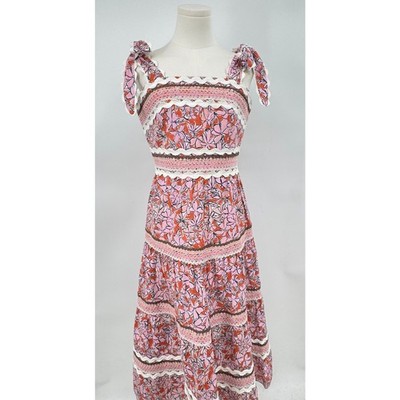 Celia B Floki Dress Pink Floral Tie Shoulder Midi Ric Rac Whimsical Cottage L