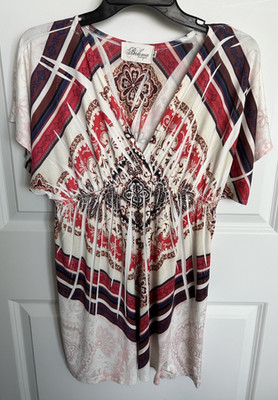 Bohme Boutique Large L Blouse Top Shirt V-Neck Brown Red Blue Cream