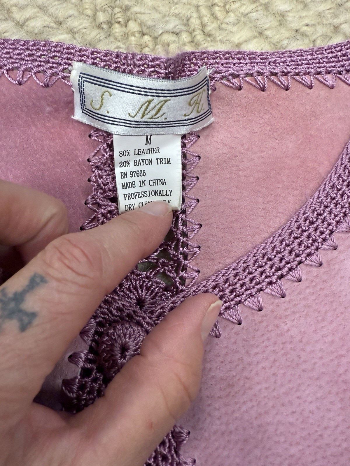 Leather & crochet patchwork jacket boho gypsy med… - image 3