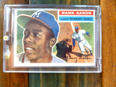 1956 Topps Hank Aaron #31 Gray Back; Background Photo is Mays sliding, NoCreases