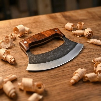 Handmade Ulu Knife Hand Forged Carbon Steel Alaskan Rocker Wood Handle + Sheath