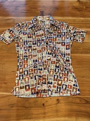 VINTAGE 90s Faces Collage Short Sleeve Button Down Shirt Geometric Retro SMALL