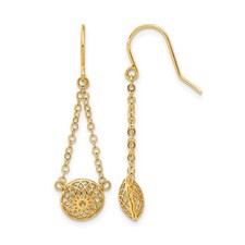 14k Yellow Gold Filigree Rosette Bead Chain Dangle Earrings, French Wire 36mm