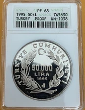 1995 _TURKEY PROOF 50KL_PIRI REIS _ANACS PF 68_ HARD TO FIND IN THIS GRADE!