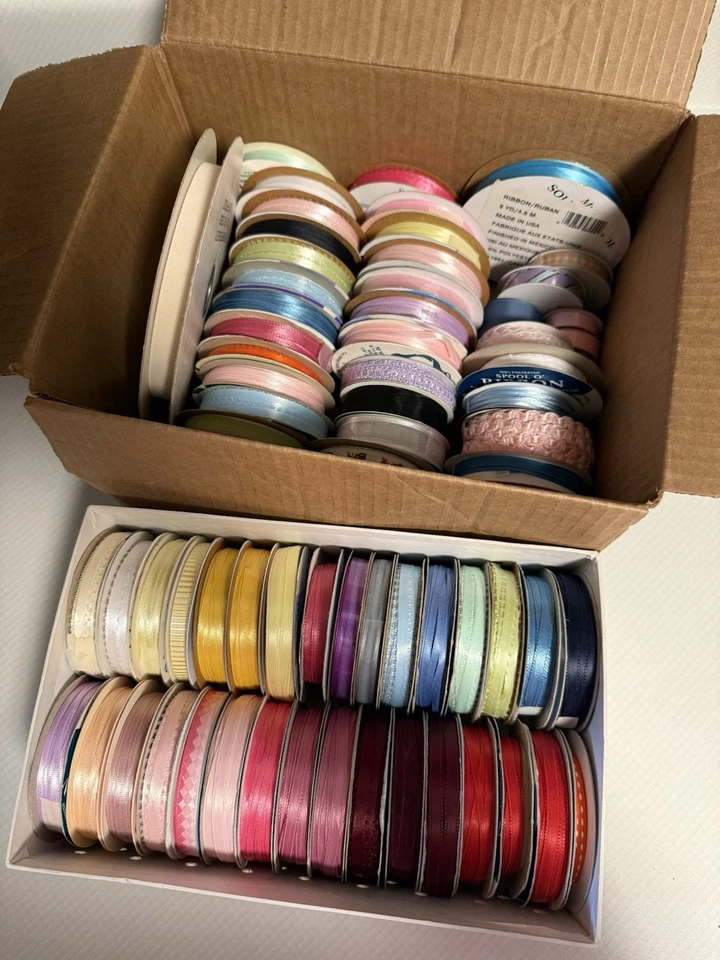 Box Of Crafting Ribbon Lot Of 69 Various Colors New And Used - Image 2 of 4