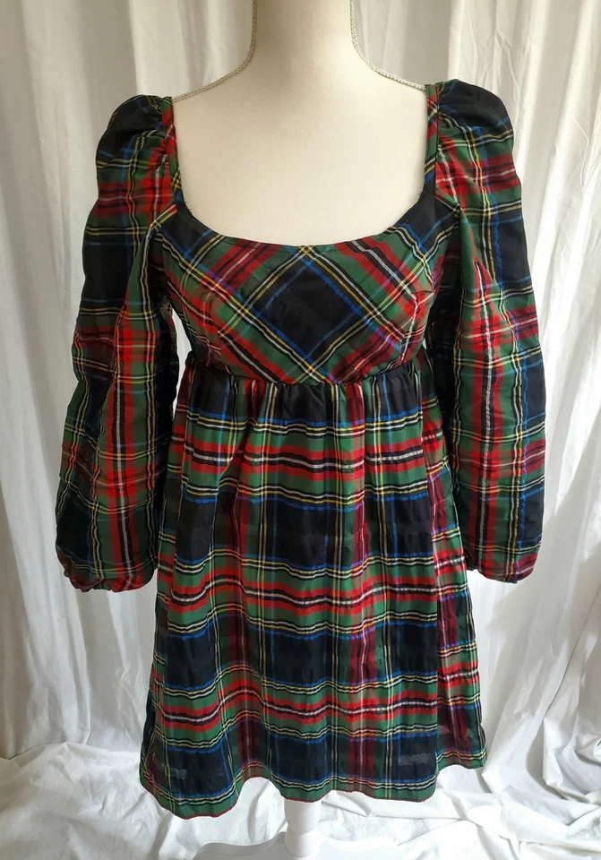 J. Mini Vestido Stewart Manga Abullonada Crew en Tartán Cuadros Para Mujer Talla 2 Vacaciones Foto 2 de 4