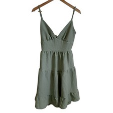 Shein Sage Green Mini Dress Tiered Ruffle Hem Sleeveless Tie Back Size M