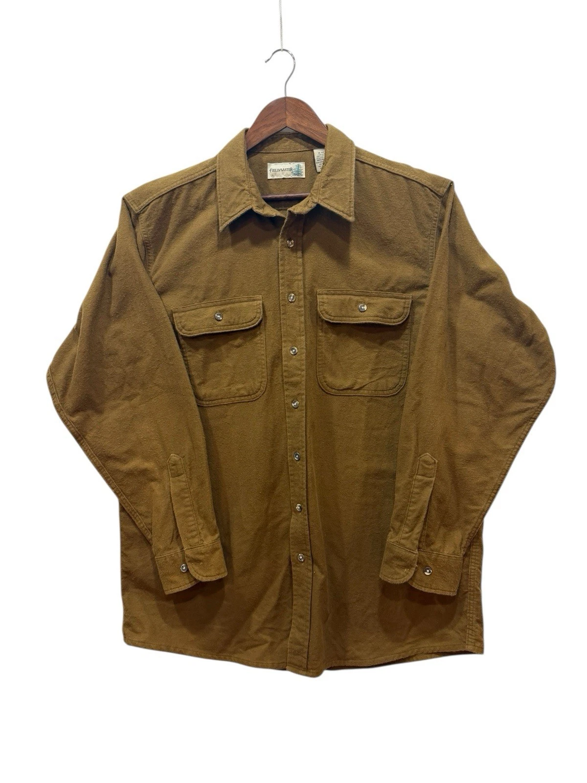 Fieldmaster Chamois Shirt Mens XL Tall Dark Tan Flap Pockets Cotton Outdoor Work