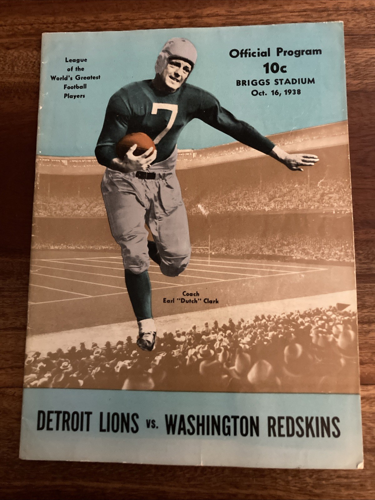 1938 DETROIT LIONS vs. WASHINGTON REDSKINS FOOTBALL PROGRAM/“DUTCH” CLARK!!!