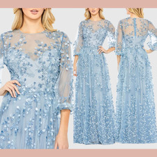 NWT $798 MAC DUGGAL [ 10 ] 79399 Embroidered Puff Sleeve A-Line Gown Blue S1565