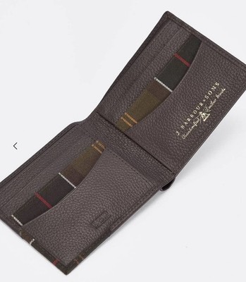 Barbour Tarbert Brown Pebbled Leather Bi-Fold Wallet Tartan Plaid Lining NEW NIB