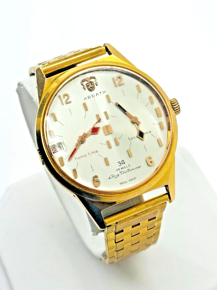 Vintage Ardath Mens 34 Jewel Long Distance Twin Time Zone Date