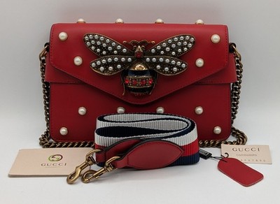 Gucci Purse Red Leather Broadway Pearl Bee 2-Way Shoulder  display picture 3