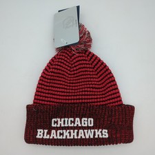 Chicago Blackhawks Beanie Pom Red Cap NHL Fanatics Cuffed Knit Hat Striped