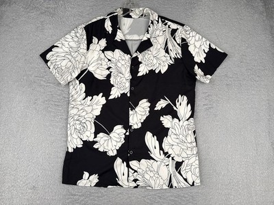 Shein Shirt Men Large Black White Floral 100% Polyester Button Up Hawaiian