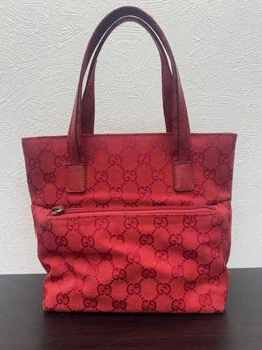 GUCCI GG Pattern Mini Tote Hand Bag Leather Canvas Red Silver Hardware Japan