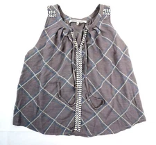 Collective Concepts Women's XS Sleeveless Blouse Plaid Split Neck Tie Pintucked