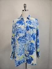 Charter Club Womens Luxury Linen Button Up Shirt XLarge Floral Blue Resort Beach
