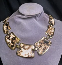 Gold Toned Brass Collar Necklace W Leopard Print Design Adjustable 20” Fashion