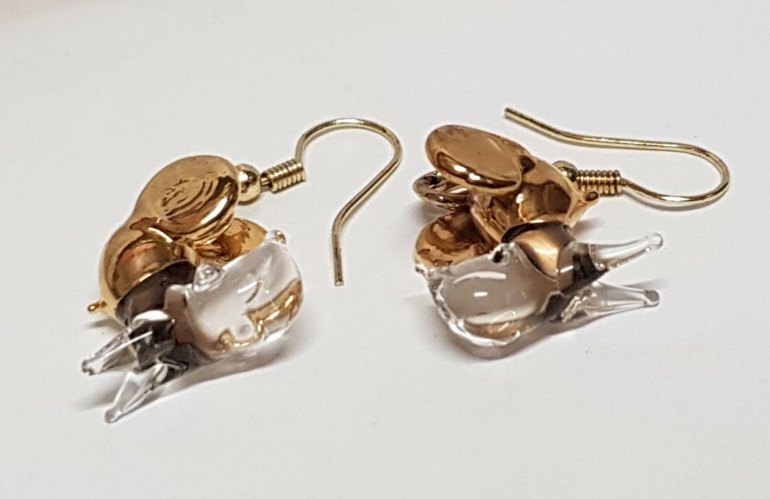 Boucles D'oreilles Vintage Souris En Verre Et Métal Doré - Modèle Pendantes Avec Fermoir Hameçon