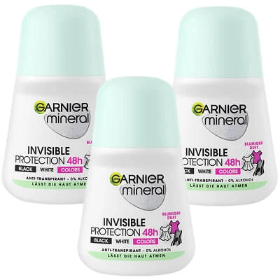 3x 50ml Garnier Mineral Invisible protection 48h Black White Colors Deo Roll On