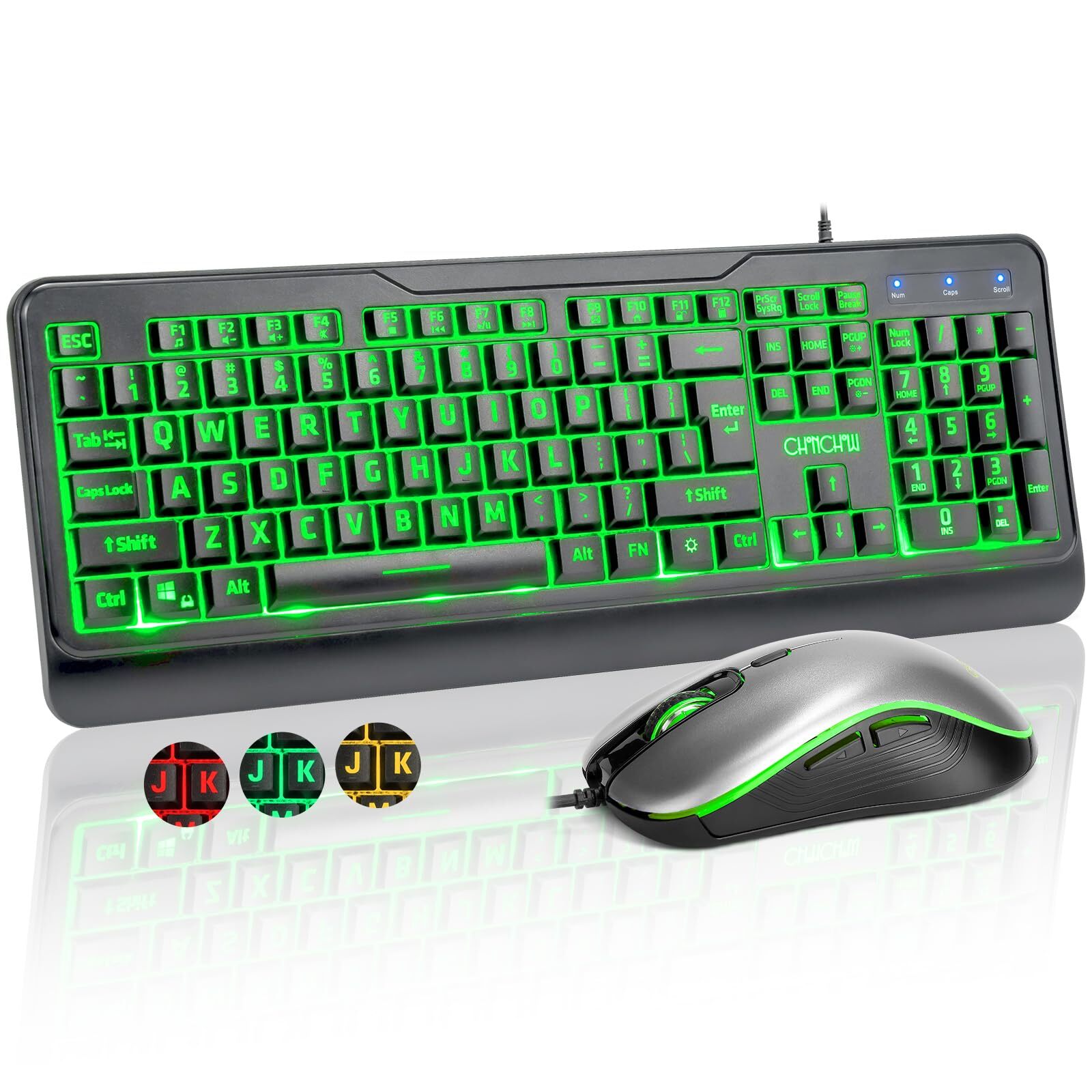 Wired Keyboard and Mouse Combo with Large Print, Red-Green-Yellow LED Light U...