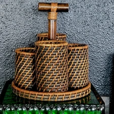 Handwoven Round Rattan  Wicker Utensil Flatware Office Caddy Organizer 