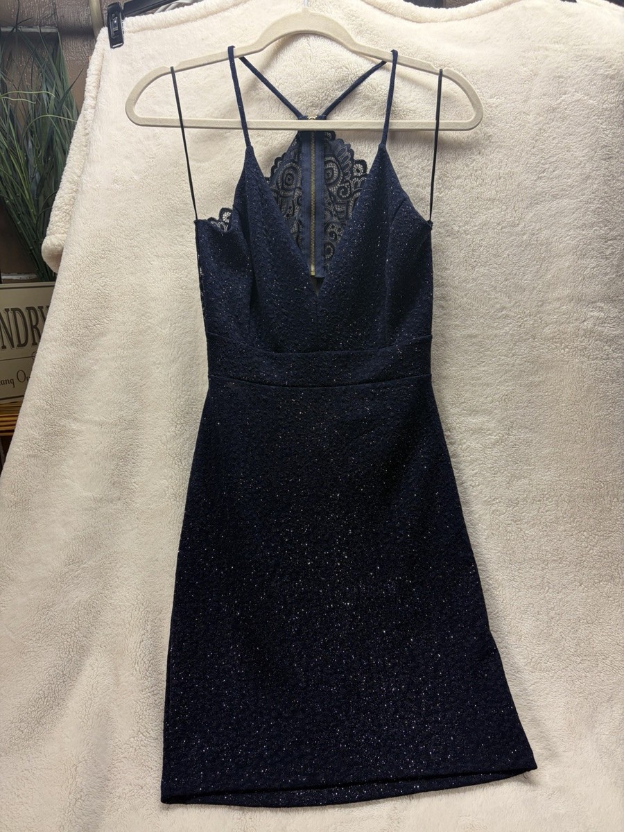 navy blue glitter bodycon dress Windsor Lace V-Neck Strappy Sleeveless Size L FW22