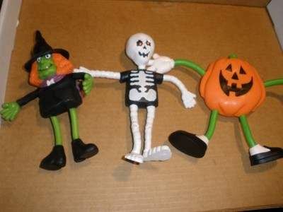 RARE Vtg 3 Hallmark 1989 Bendable Halloween Figures Witch, Skeleton, Pumpkin 7''