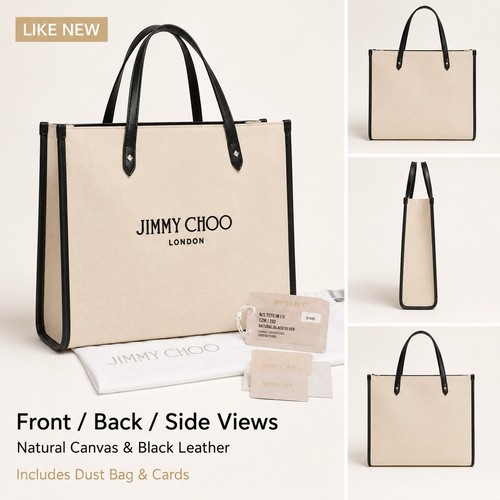 Jimmy Choo Logo Tote Bag Women’s Natural/Black Double Handles Silver Hardware