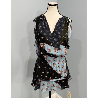 Parker Anastasia Patchwork Silk Dress XS Cold Shoulder Smocked Waist Fairycore