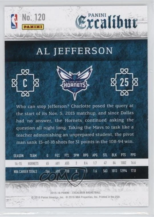 2015-16 Panini Excalibur Silver /70 Al Jefferson #120 - Image 2 of 2