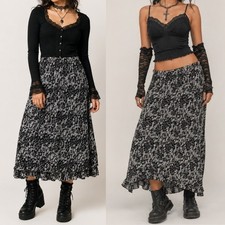 BRIGGS Vtg 90s Floral Midi Maxi Skirt S Petite Black Fairy Grunge Whimsygoth
