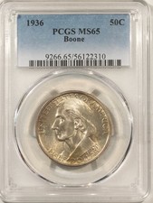 1936 BOONE COMMEMORATIVE HALF DOLLAR - PCGS MS-65, PRETTY & PREMIUM QUALITY!